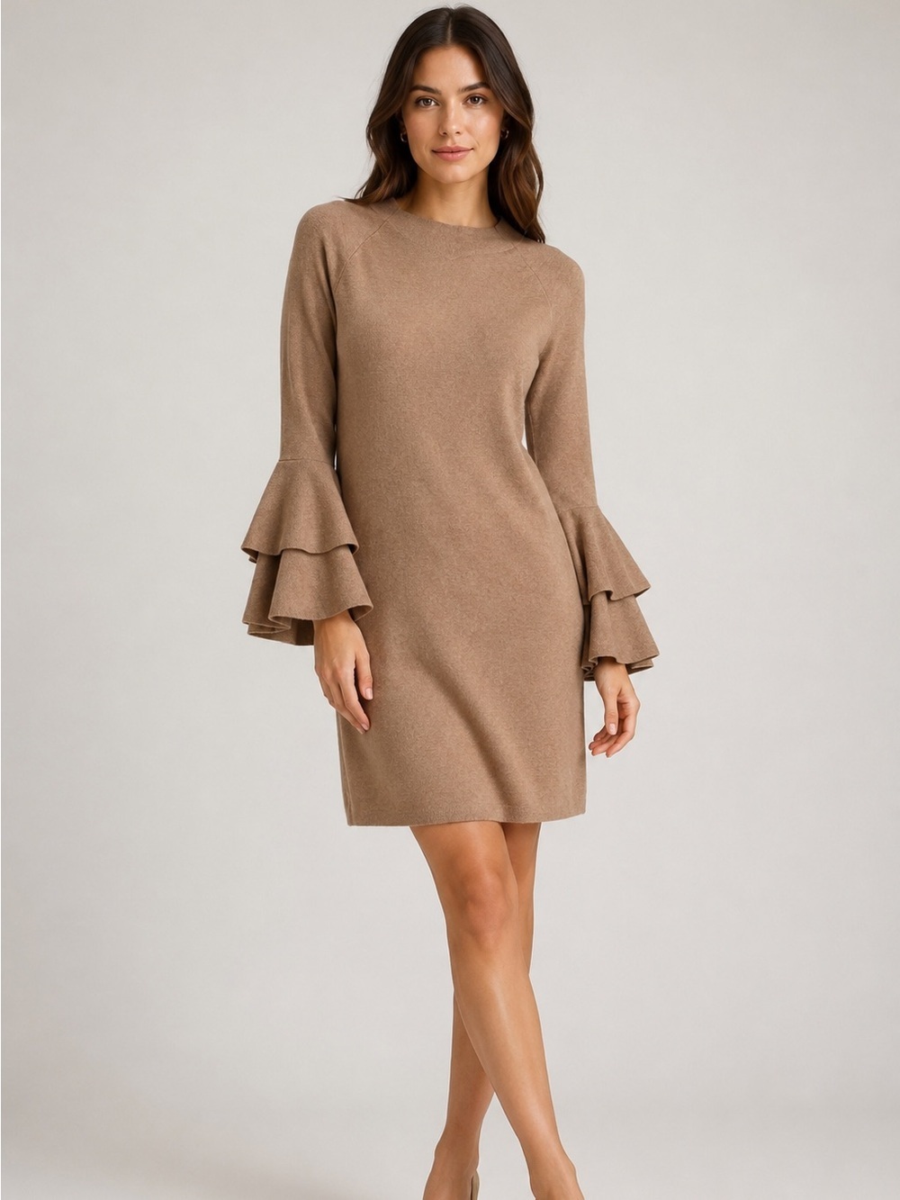 Anthropologie NWT‎ Tan Knit Quietluxury Sweater Dress With Bell Sleeves